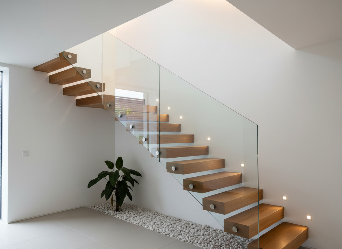 A minimalist interior staircase with floating wooden steps anchored into a white wall, protected by a frameless laminated glass guardrail with perfectly polished edges and hidden fixings. The glass runs continuously from the lower to upper floor, subtly reflecting ambient light. Below, a narrow garden strip with white pebbles and a single sculptural plant adds organic contrast. Soft overhead LED lighting washes the wall and subtly illuminates the glass plane, producing delicate highlights along its top edge. Photographic realism, shot at a slightly elevated angle following the incline of the stairs, clean and uncluttered composition, serene and sophisticated atmosphere, showcasing precise vidraçaria detailing for interior designers and architects.
