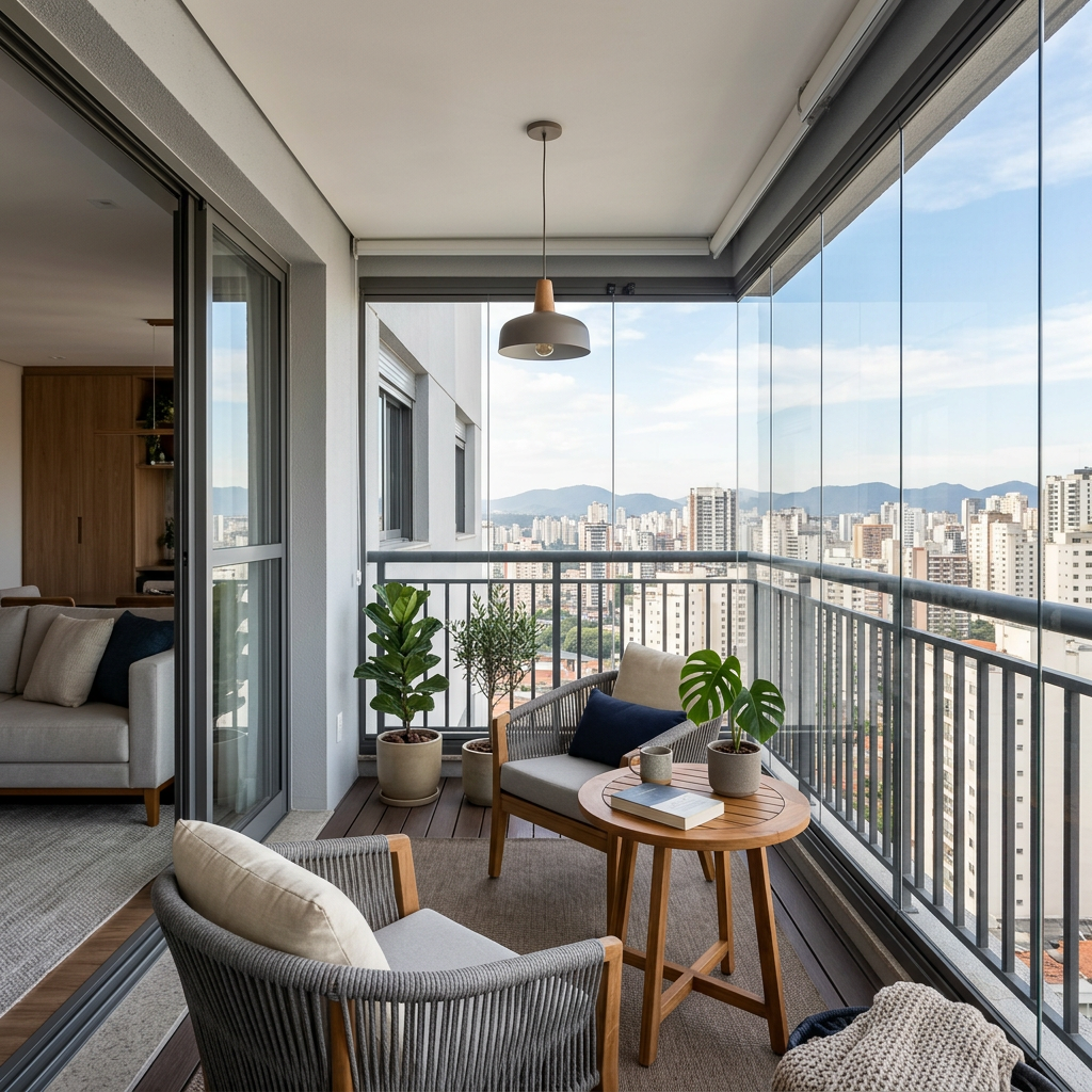 Balcony with two chairs, a small wooden table, potted plants, and a city view